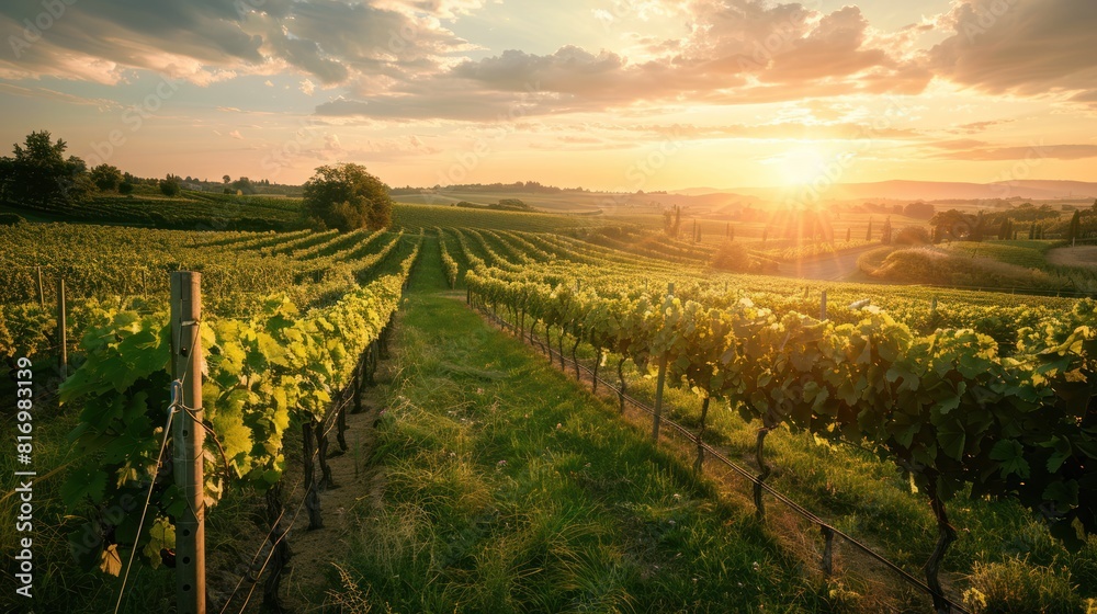 Fototapeta premium vineyard bathed in the warm glow of the setting sun, 