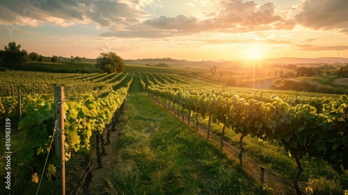  vineyard bathed in the warm glow of the setting sun, 