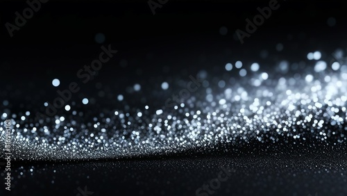 Abstract bokeh silver light glitter on black background. Silver glitter lights on black background. Glitter defocused. Blurred sparkle background. luxury, high-end products, elegance, magic concept photo