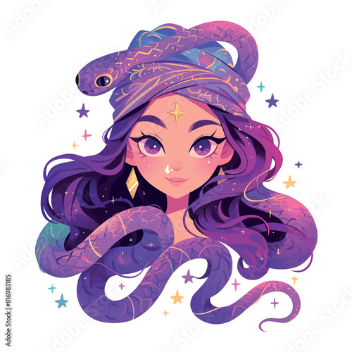 A girl with purple hair and a purple snake on her head