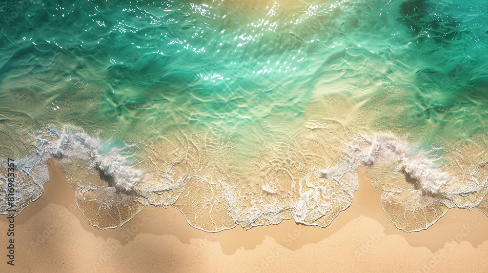 Summer photos of a sun-kissed sandy beach, with crystal-clear turquoise waters