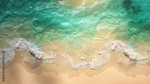Summer photos of a sun-kissed sandy beach, with crystal-clear turquoise waters