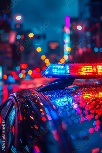 Blue and red light flasher atop of a police car. City lights on the background. photo
