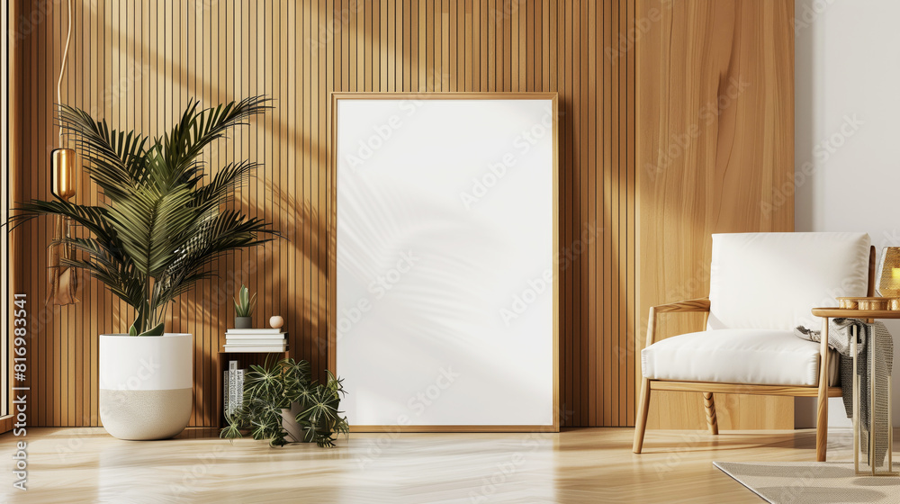 Mockup of a modern living room interior with a blank vertical poster, wooden panel wall, potted plants, a comfortable armchair, and a small side table with decorations. Mockup of a modern living room interior with a blank vertical poster, wooden panel wall, potted plants, a comfortable armchair, and a small side table with decorations.