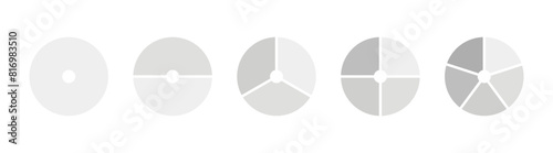 Circle division, 1, 2, 3, 4, 5 equal parts. Set of wheel diagrams with one, two, three, four, five segments. Infographic template. Vector illustration.