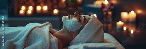 Woman lying on spa bed with soft towel wrapped around hair, applying creamy face mask with brush photo