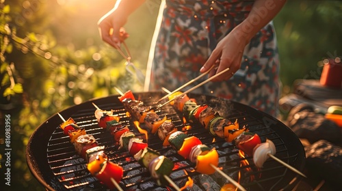 Man carefully arranges chopped vegetables on grill grate photo