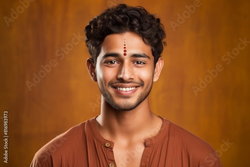 Portrait of a grinning indian man in his 20s smiling at the camera over soft brown background