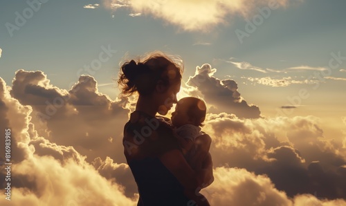 A Woman holding his child baby in to the sky.  photo