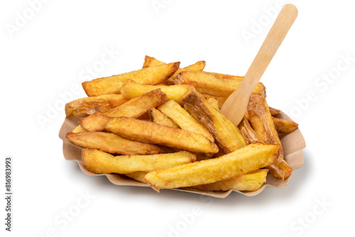Paper plate with fFresh baked French peel potato fries isolated on white background close up photo