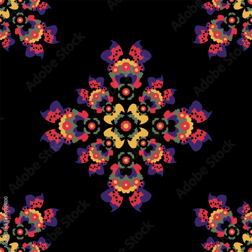Seamless Pattern. Mandala with hearts and flowers. Pretty colors.