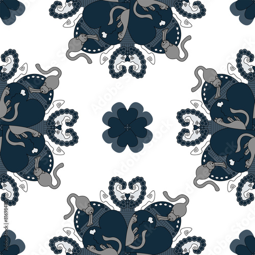 Seamless Pattern. Cat Mandala. Cat stretching and Cat sleeping. Cute.