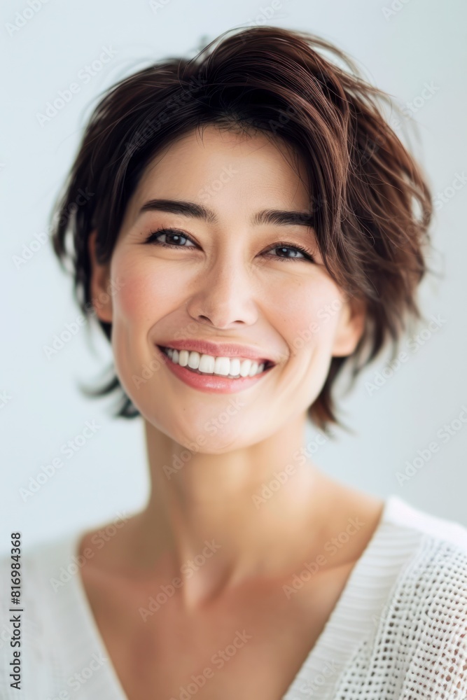 portrait of happy asian japanese woman smiling, posing confident, against studio background portrait of happy asian japanese woman smiling, posing confident, against studio background