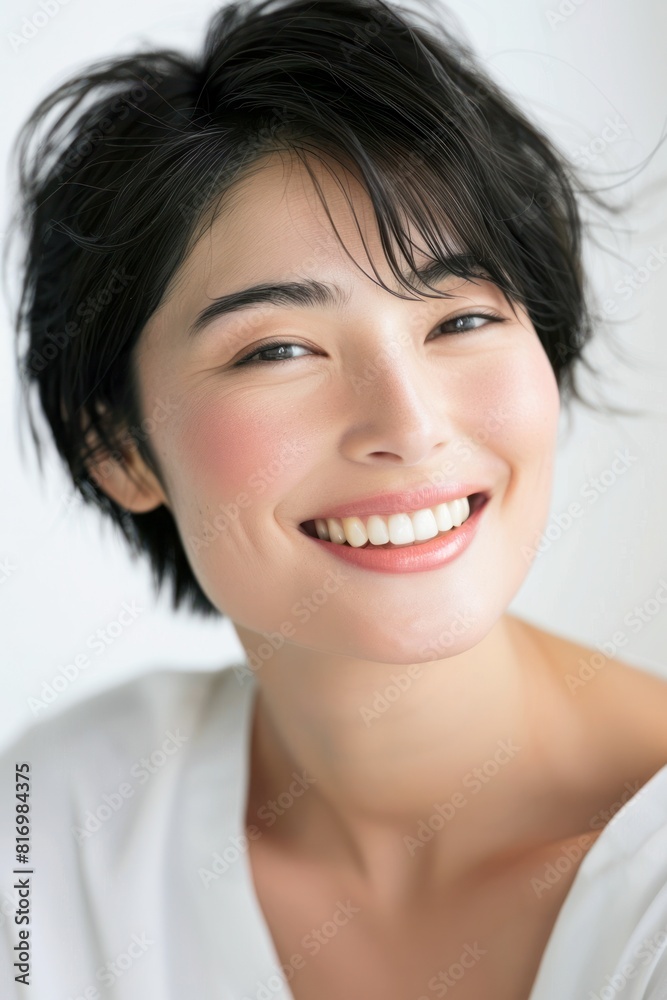 portrait of asian woman with dark short hair posing with kind smile, isolated over gray background portrait of asian woman with dark short hair posing with kind smile, isolated over gray background