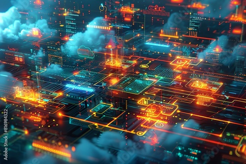 A futuristic city glows with neon lights, showcasing skyscrapers and bustling streets filled with activity