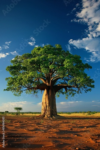 Majestic baobab tree standing alone against a vivid blue sky and scattered clouds in a dry African savannah