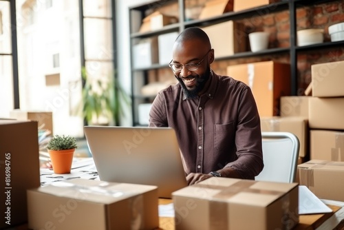 A middle aged Caucasian woman sits in front of laptop monitor in a warehouse of packaged products and communicates with a customer. Online store seller during an online conversation with a buyer.