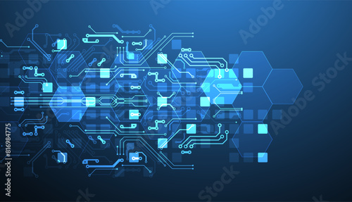 Abstract circuit board and hexagons on gradient color background. Hi-tech digital technology concept.