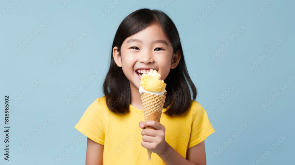 A young girl is eating an ice cream cone. She is smiling and has her eyes closed. A young girl is eating an ice cream cone. She is smiling and has her eyes closed.