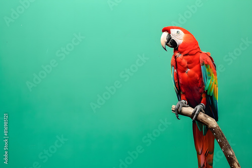 A vibrant photo of a colorful parrot perched on a branch on a solid green background 