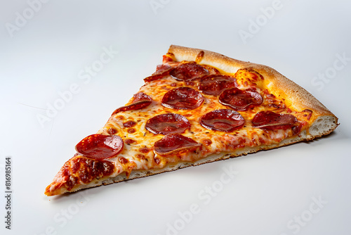 A vibrant photo of a delicious slice of pepperoni pizza on a solid white background