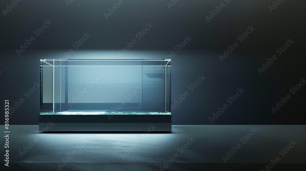 Obraz premium A transparent glass display case or aquarium stands empty in a dark room, illuminated by subtle lighting from above, creating a sleek and modern appearance.