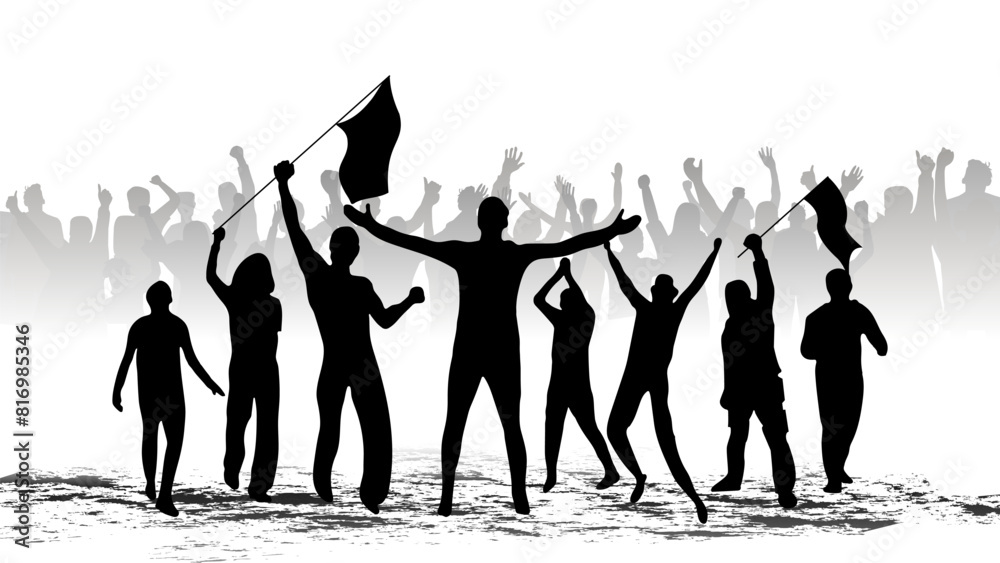 Obraz premium The silhouette represents the joy of victory or the protest of a group of people