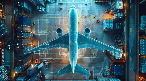 Design a visual of AI algorithms optimizing capacity management for air cargo, with dynamic load balancing and real-time adjustments displayed on a digital interface 