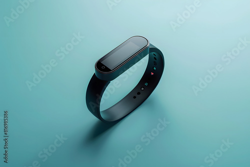 A detailed shot of a modern fitness tracker on a solid light blue background 
