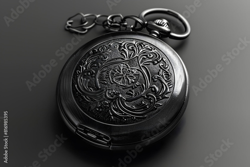 A detailed shot of a classic pocket watch with an open cover on a solid dark gray background 