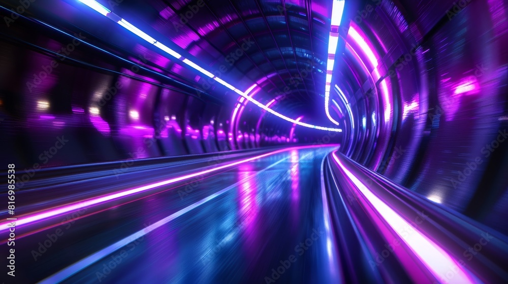 Abstract tunnel illuminated by intense purple and blue neon lights, close up on light trails, concept of speed, dynamic, Composite, virtual reality backdrop Abstract tunnel illuminated by intense purple and blue neon lights, close up on light trails, concept of speed, dynamic, Composite, virtual reality backdrop