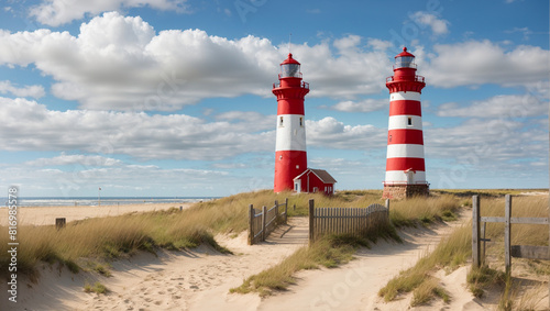 red and white striped lighthouses with a walkway between them on a beach with dunes and the ocean in the background.