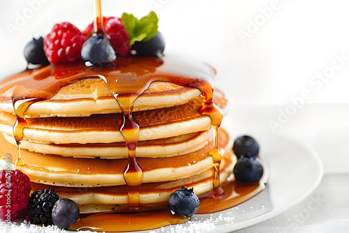 A detailed shot of a stack of freshly made pancakes with syrup and berries on a solid white background