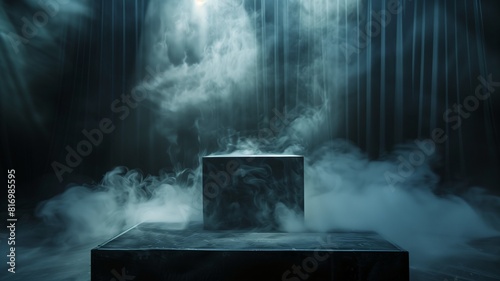Create a dramatic stage setting with a dark podium engulfed in smoke, evoking a sense of mystery and anticipation for the spotlight.  photo