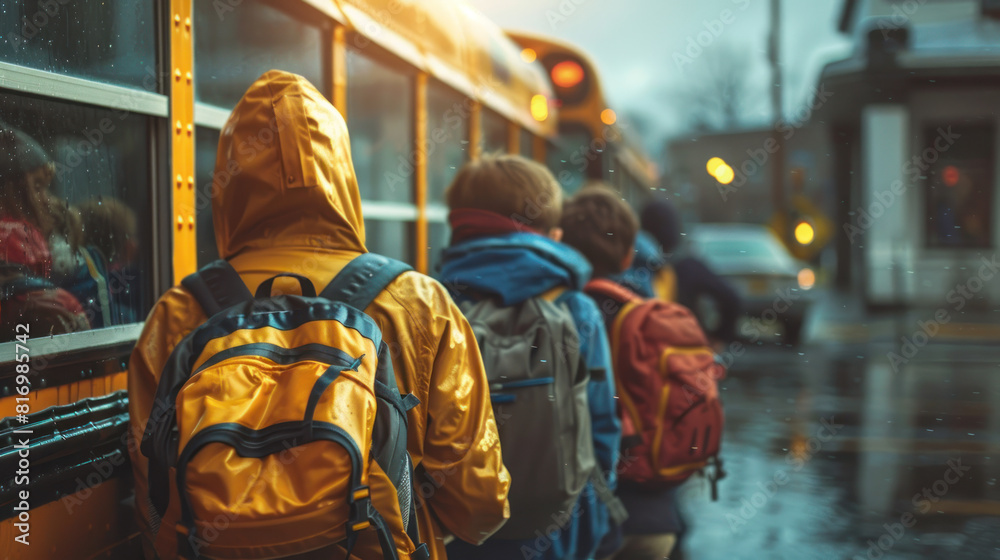 a group of kids getting on a school bus after classes a group of kids getting on a school bus after classes