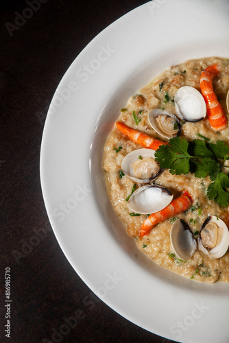 Traditional Portuguese seafood dish, açorda de marisco, served in a rustic bowl, showcasing a flavorful blend of seafood, bread, and aromatic spices. photo