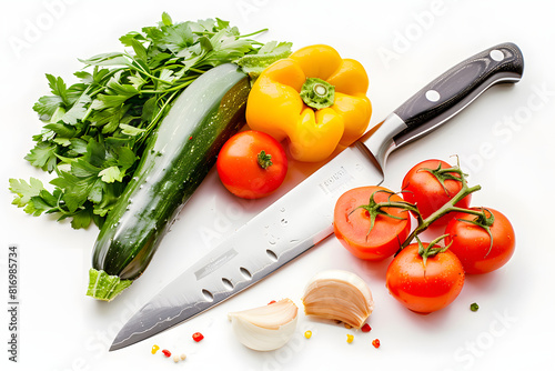 A high-quality image of a chef's knife and fresh vegetables on a solid white background 