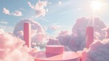 dreamy pink podium set against a cloud-filled sky, offering a whimsical backdrop for showcasing products or ideas with a touch of fantasy 