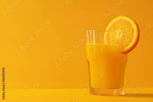 A high-resolution image of a glass of freshly squeezed orange juice with a slice of orange on a solid yellow background