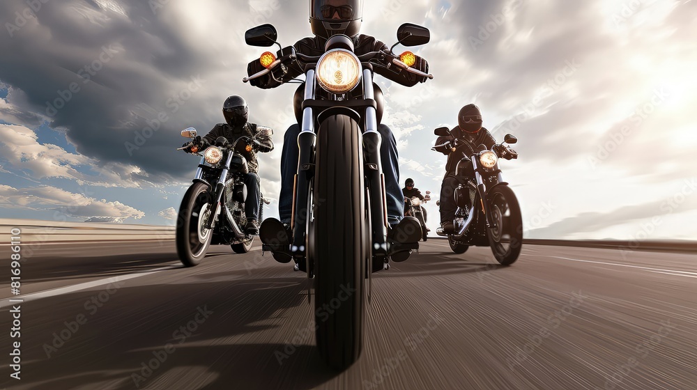 Naklejka premium Group of bikers man riding speed motorcycle on empty motion road. A pack of daredevils conquering the road with speed.
