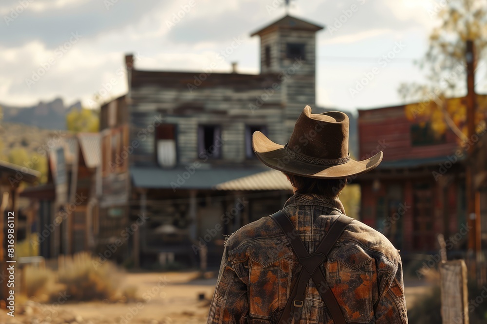 Lone cowboy with a leather hat faces an old wooden ghost town surrounded by autumn scenery Lone cowboy with a leather hat faces an old wooden ghost town surrounded by autumn scenery