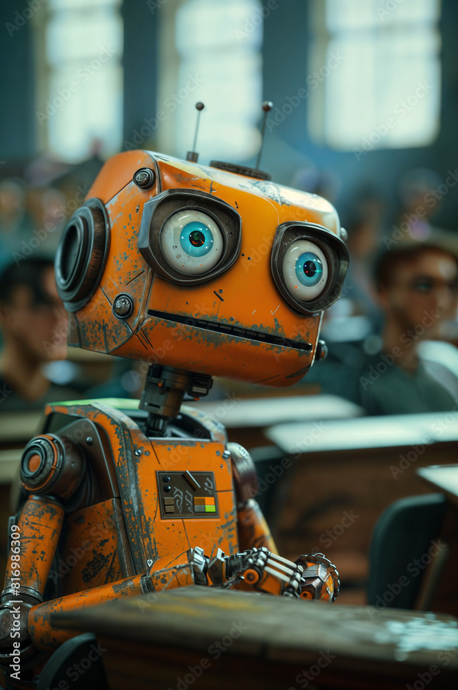 An orange robot sits in a classroom full of students.