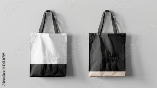 This image features two tote bags hanging against a plain background. One bag is in a black and white color scheme, while the second bag is black with a beige bottom. photo