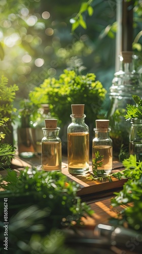 A perfumer s lab with coriander essential oil bottles and fragrant notes, illustrating the creative process behind crafting perfumes