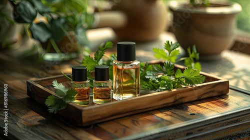 Coriander leaves elegantly placed around a set of perfume samples on a wooden tray  blending natural freshness with scent exploration