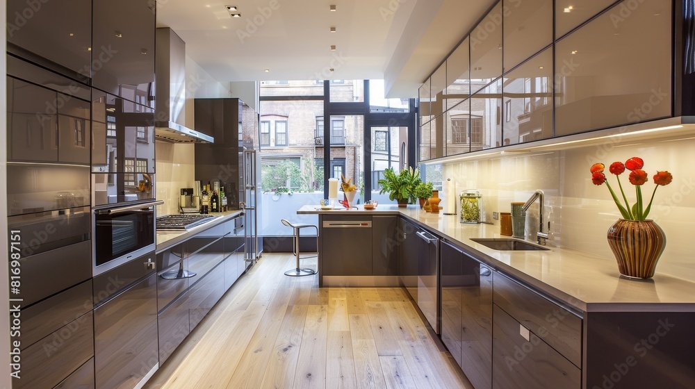 Modern kitchen with wooden cabinets, sleek countertops, and natural light in a clean, minimalist interior. Ideal for home decor and culinary themes. Modern kitchen with wooden cabinets, sleek countertops, and natural light in a clean, minimalist interior. Ideal for home decor and culinary themes.