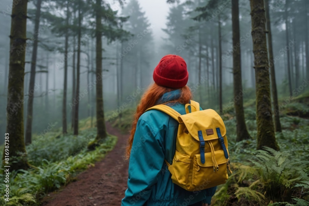 Red haired tourist girl with yellow backpack, back view, background amazing stunning landscape, travel concept, hiking, hiking. Red haired tourist girl with yellow backpack, back view, background amazing stunning landscape, travel concept, hiking, hiking.