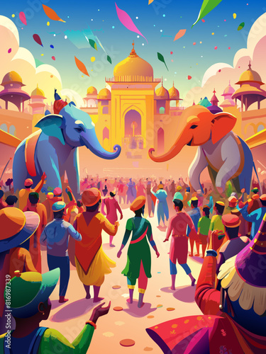 Vibrant Indian Festival with Elephants and Palace Celebration