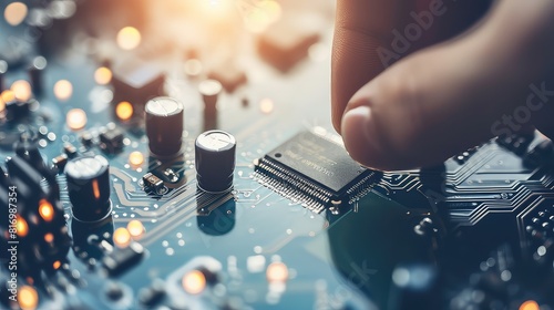 Delicate touch of male hands mends laptops with microchips.