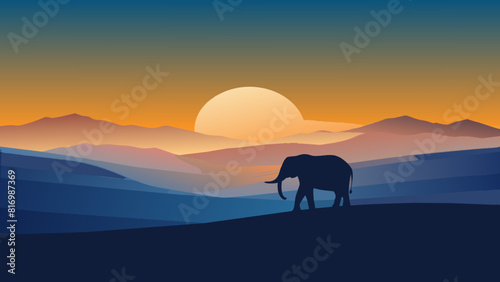 Majestic Elephant Silhouette Against Sunset Mountain Landscape © Oksa Art